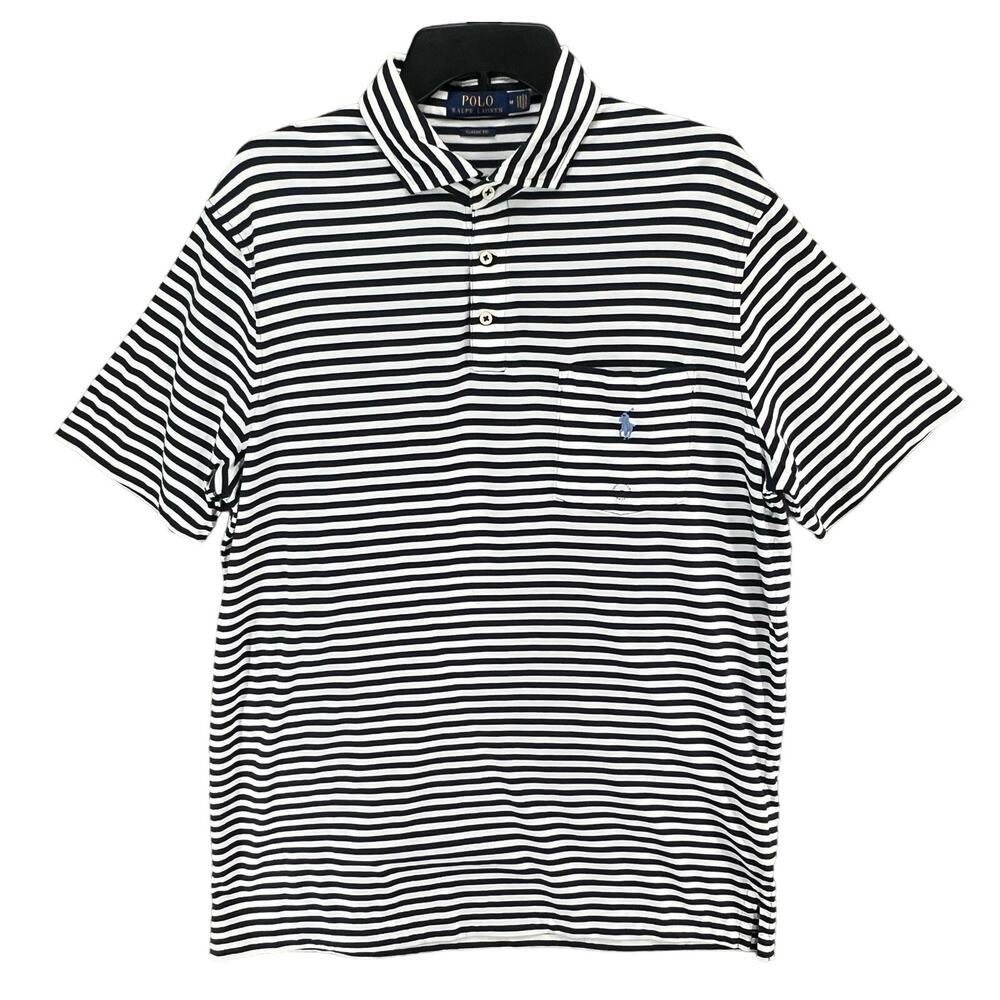 Polo Ralph Lauren Shirt Men M Blue Stripe Polo‎ Logo Classic Fit Nautical Preppy - Picture 2 of 12